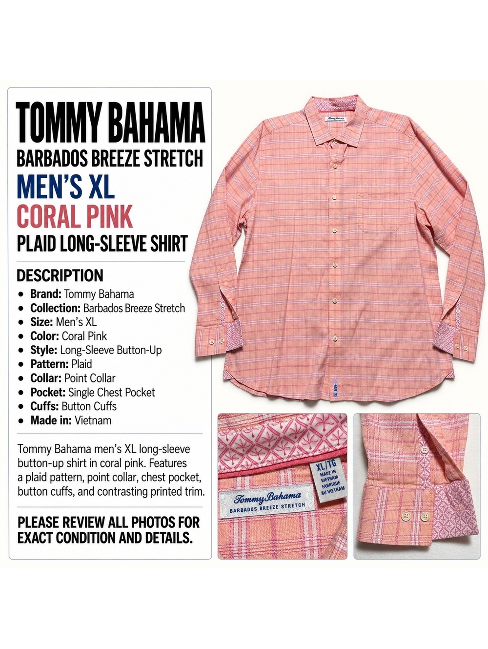 Tommy Bahama Barbados Breeze Stretch Men’s XL Coral Pink Plaid Shirt